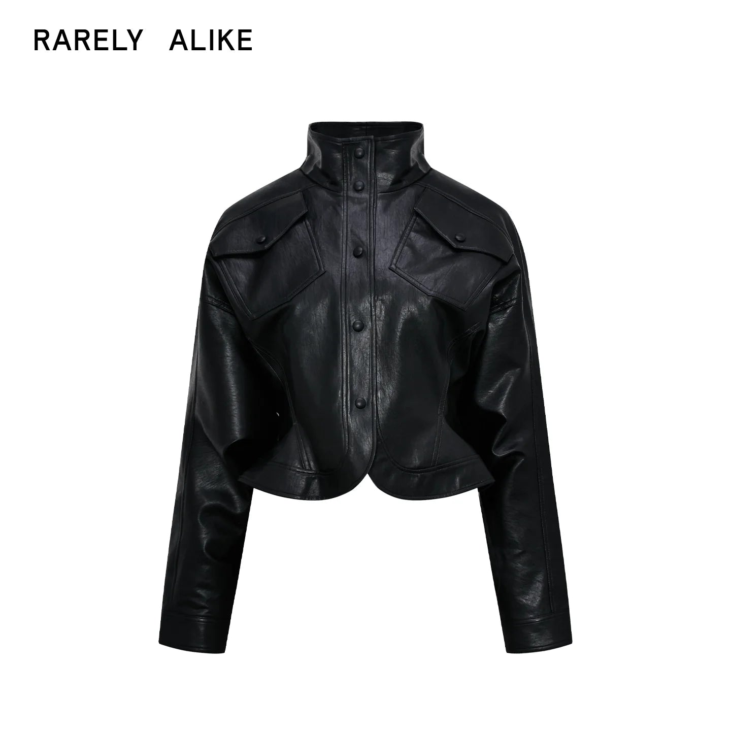 RARELY ALIKE Black Faux Leather Stand Collar Jacket with Curved Sleeves