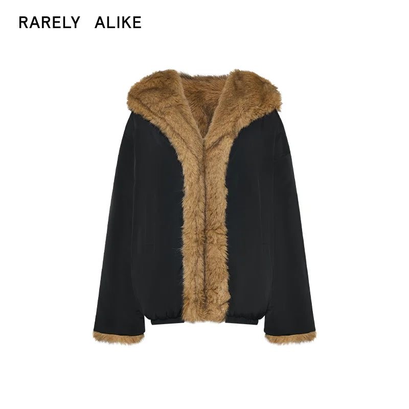 RARELY ALIKE Reversible Faux Fur Hooded Jacket - Black Khaki / Army Green Camel