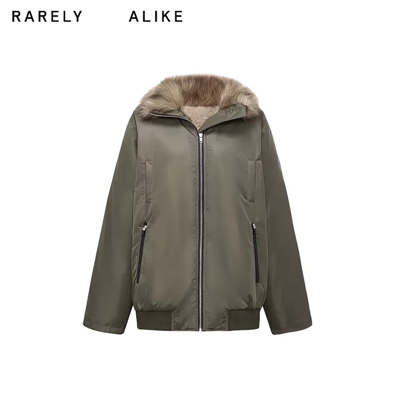RARELY ALIKE Women's Oversized Fur-Lined Bomber Jacket - Black/Army Green