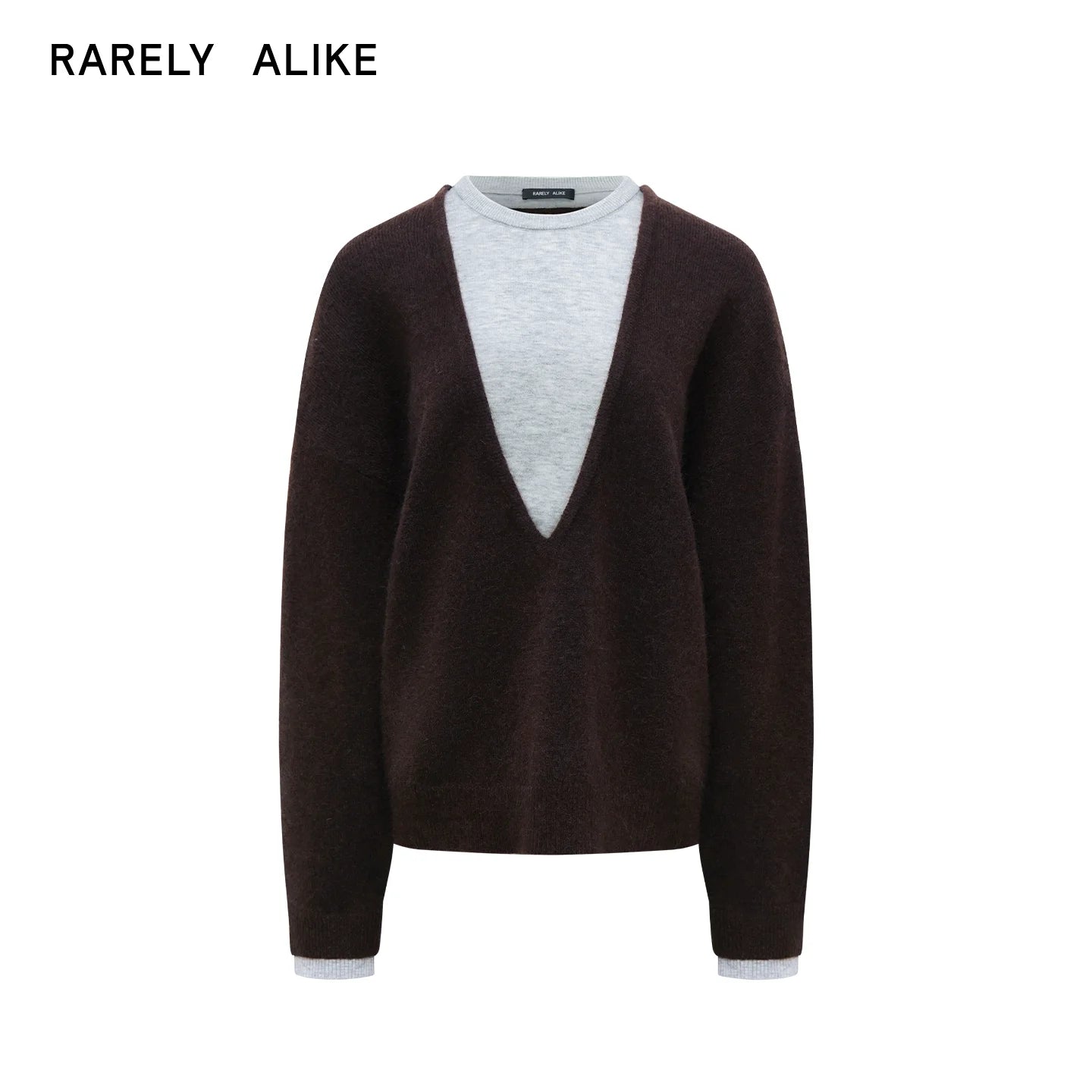 RARELY ALIKE Faux Two-Piece V-Neck Mohair Blend Loose Sweater