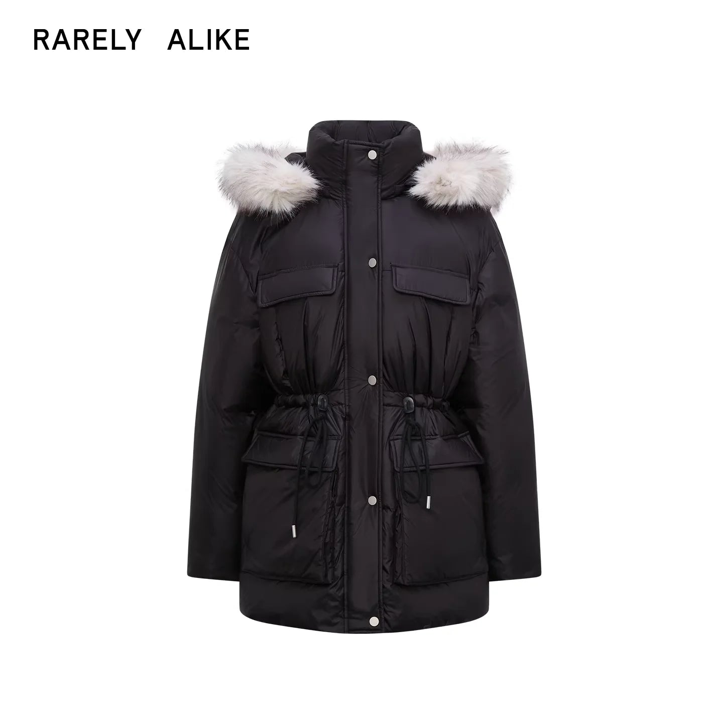 RARELY ALIKE Women's Black Waist-Cinched Mid-Length Down Jacket with Detachable Hood