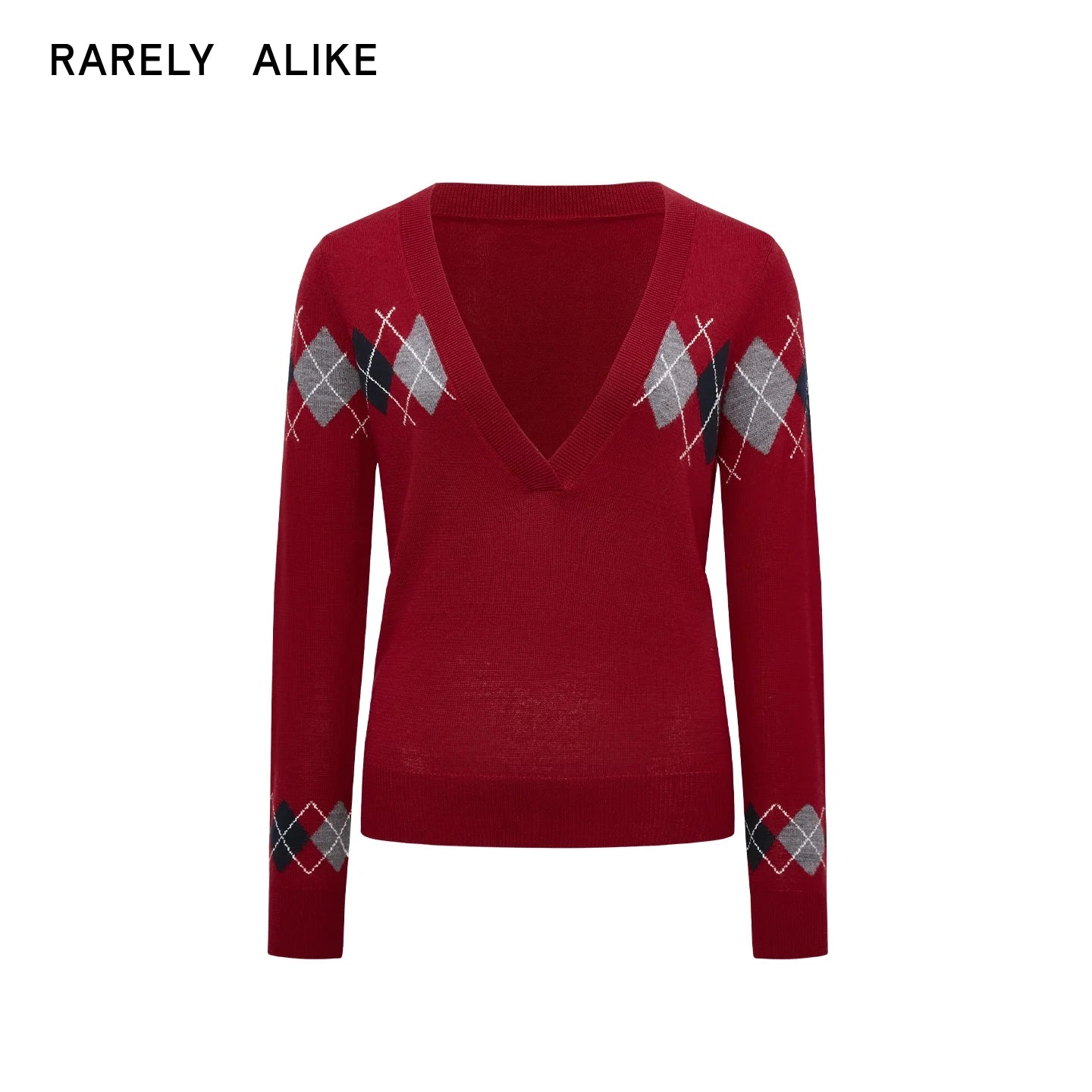RARELY ALIKE Deep V-Neck Argyle Knit Sweater - Black, Red, Gray