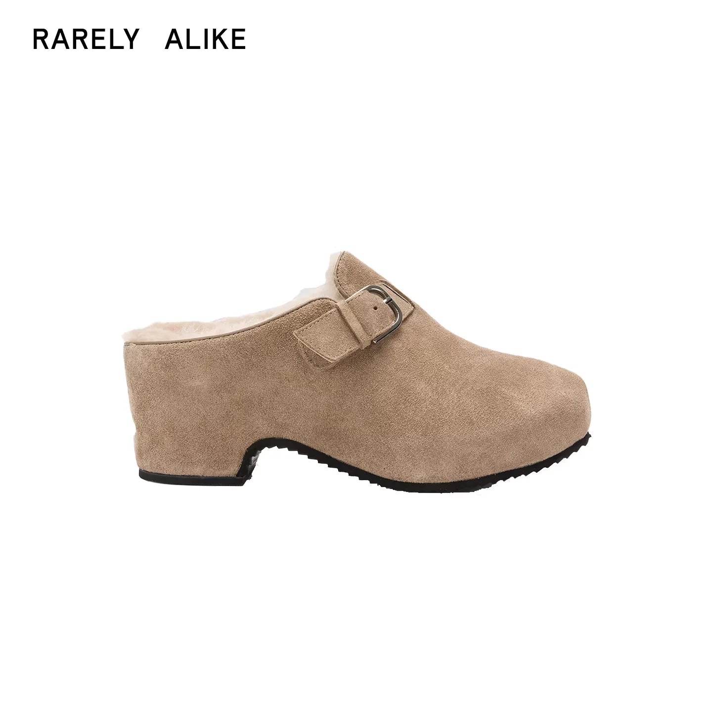 RARELY ALIKE Buckle Platform Suede Mules - Grey, Khaki, Black
