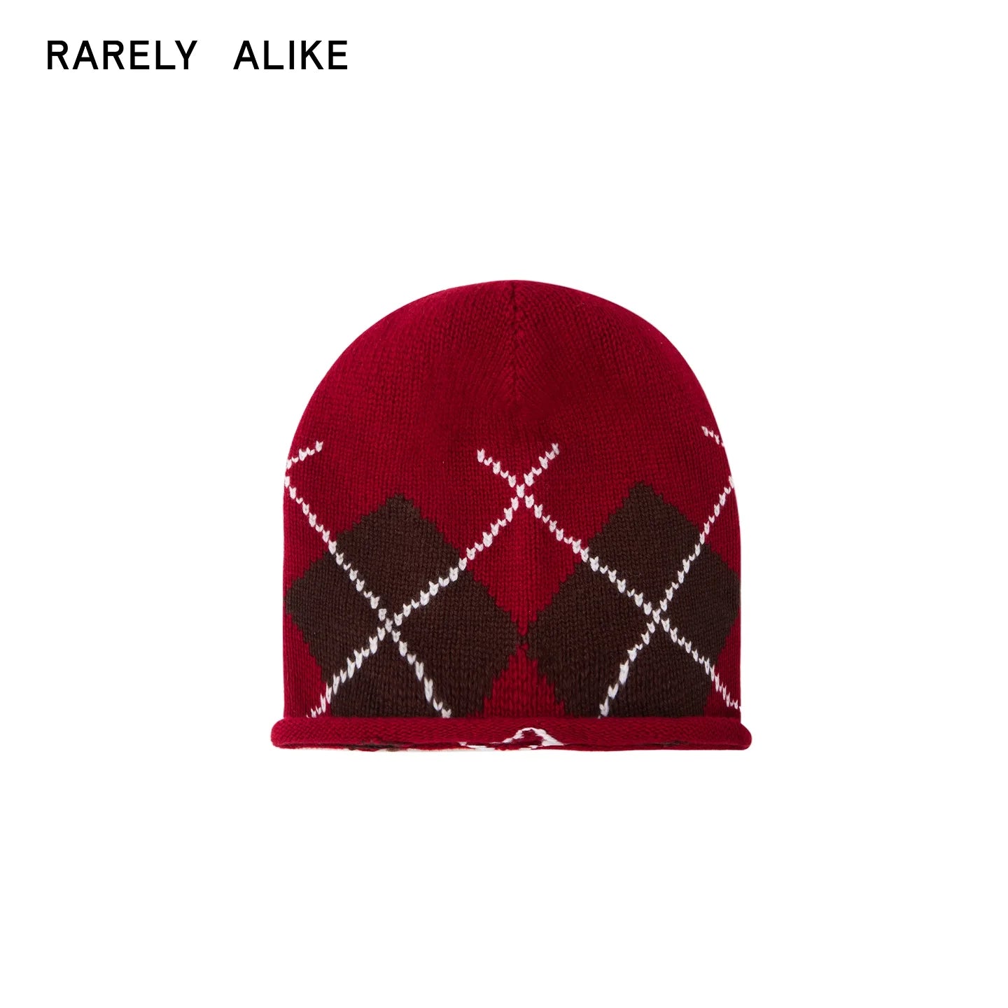 RARELY ALIKE Diamond Pattern Wool Beanie - Red, Brown & Gray
