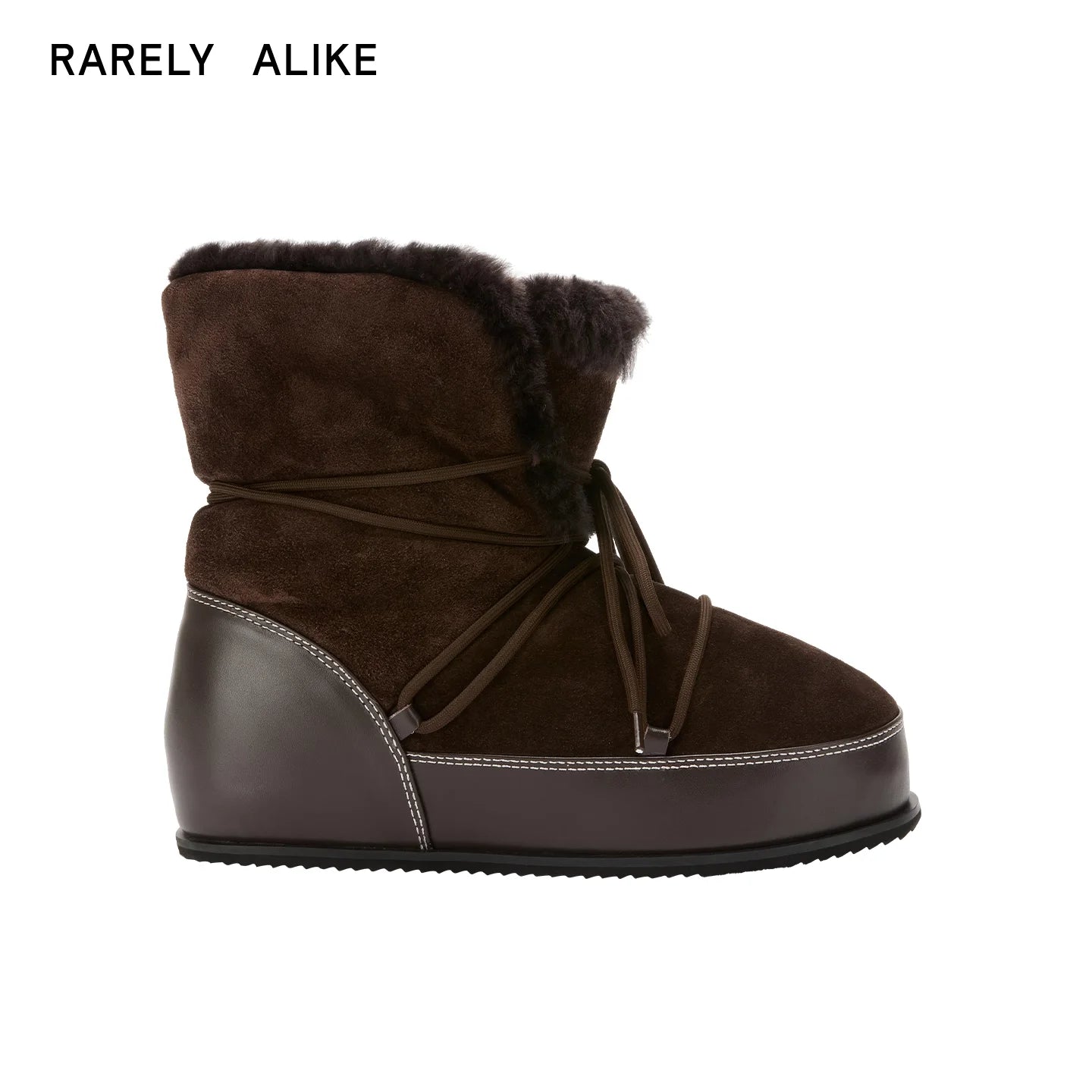 RARELY ALIKE Women's Hidden Wedge Lace-Up Furry Snow Boots - Brown/White Coffee