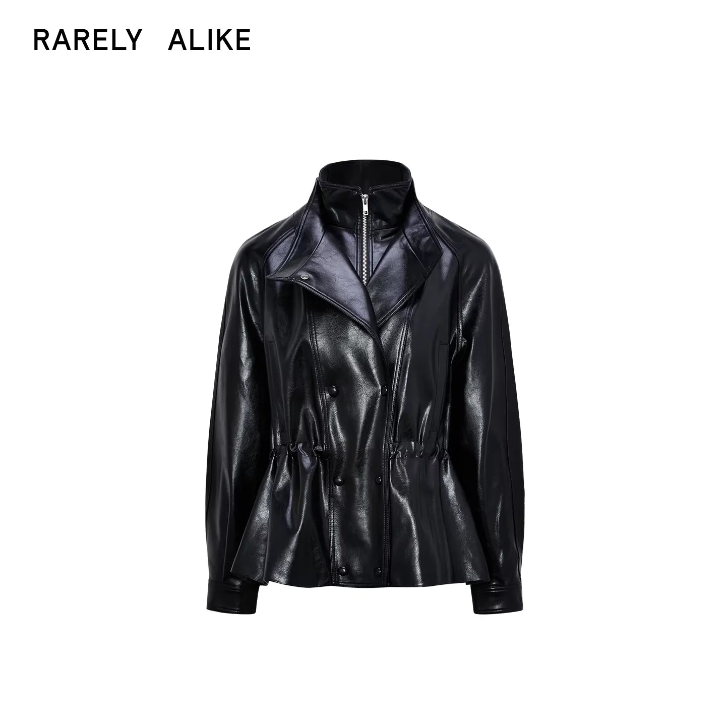 RARELY ALIKE Faux Two-Piece Stand Collar Leather Jacket with Drawstring Waist