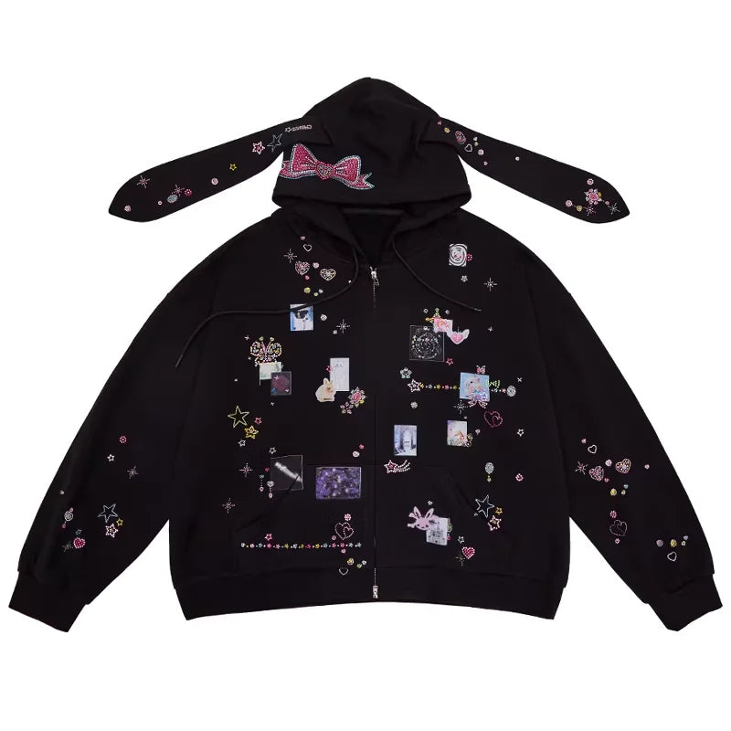 CFIERCE Rhinestone Bunny Ear Graphic Zip Hoodie