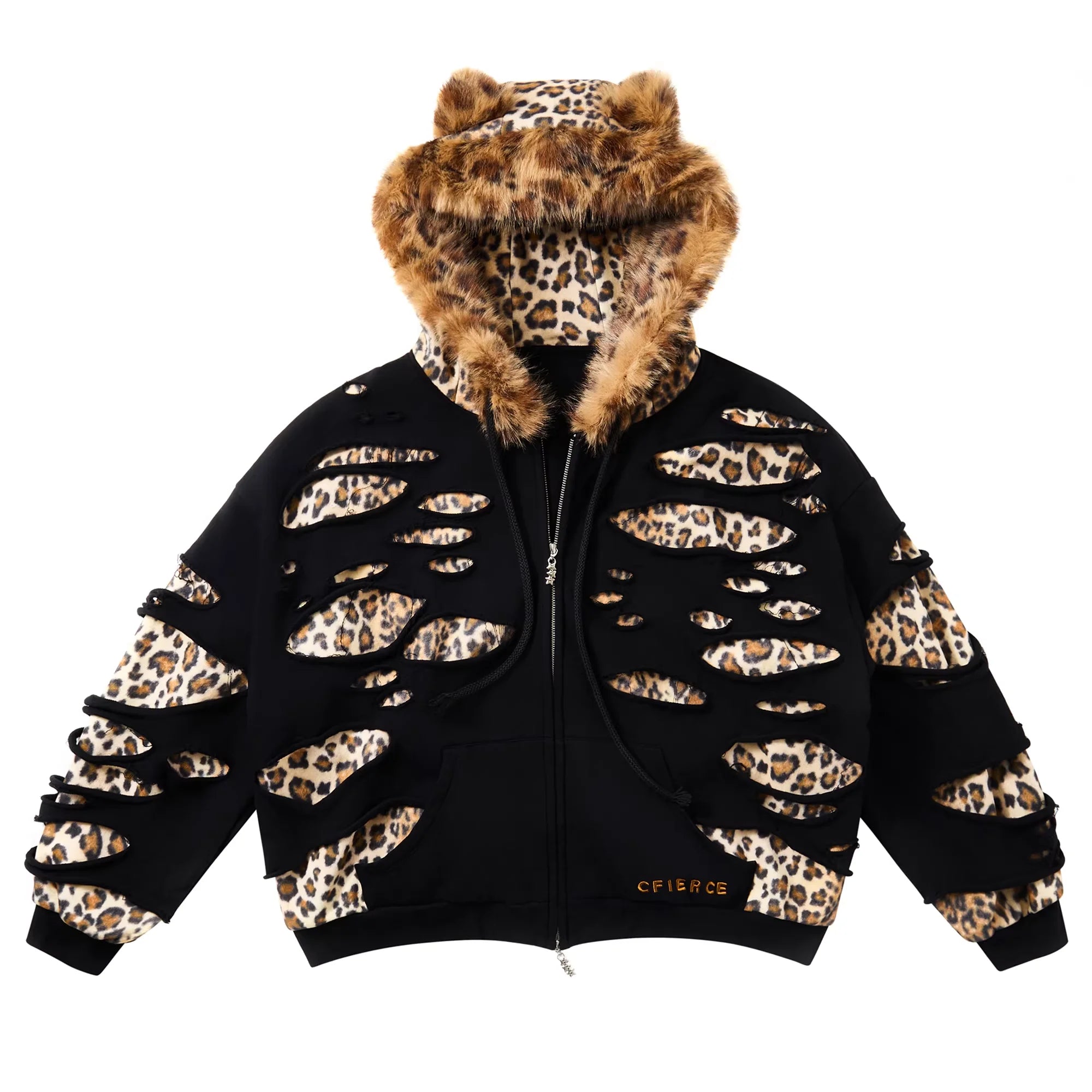 CFIERCE Leopard Print Distressed Hoodie with Faux Fur Ears