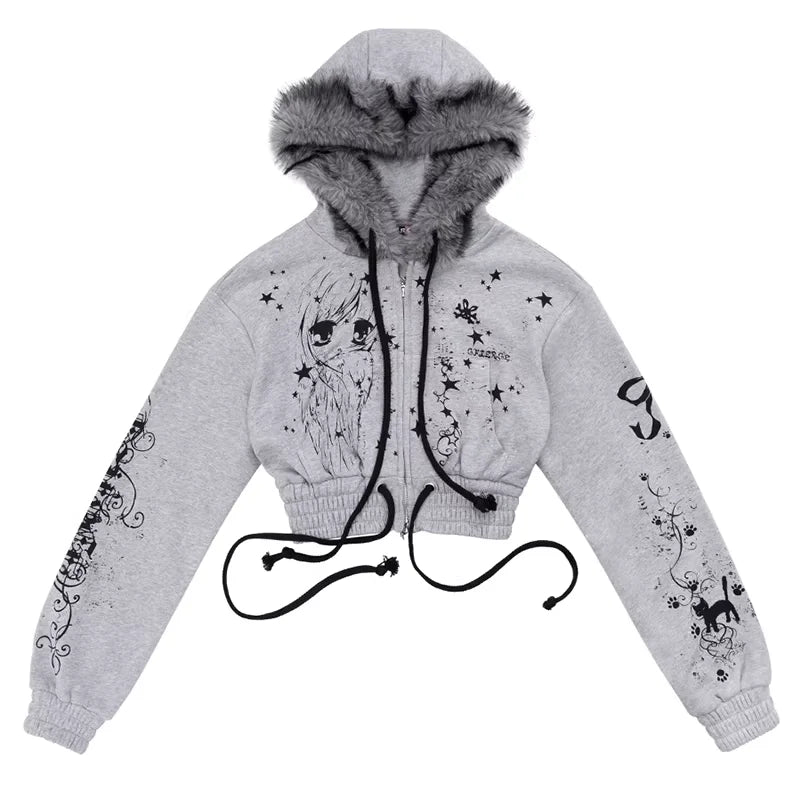 CFIERCE Graffiti Print Faux Fur Hooded Cropped Sweatshirt