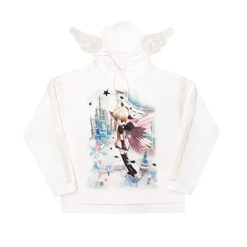 CFIERCE Angel Wing Graphic Hoodie with Bunny Ear Hood
