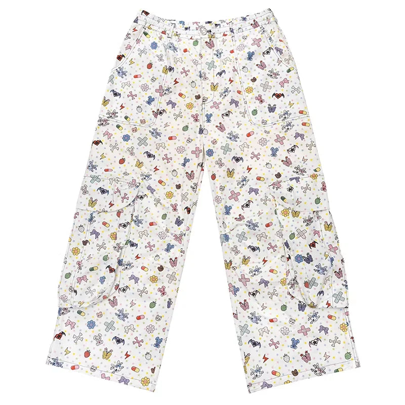 CFIERCE Whimsical Cartoon Print Wide-Leg Cargo Pants