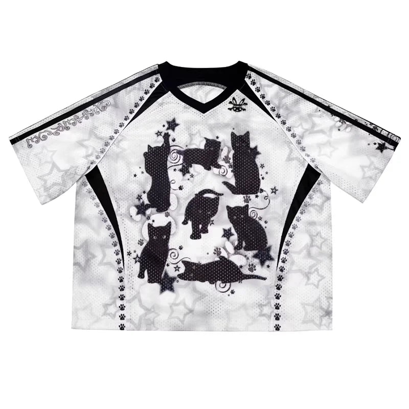 CFIERCE Black Cat Print Mesh Raglan T-Shirt