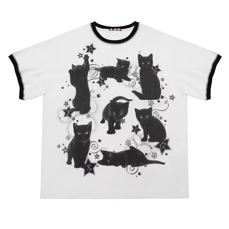CFIERCE Black Cat Graphic Oversized T-Shirt Dress
