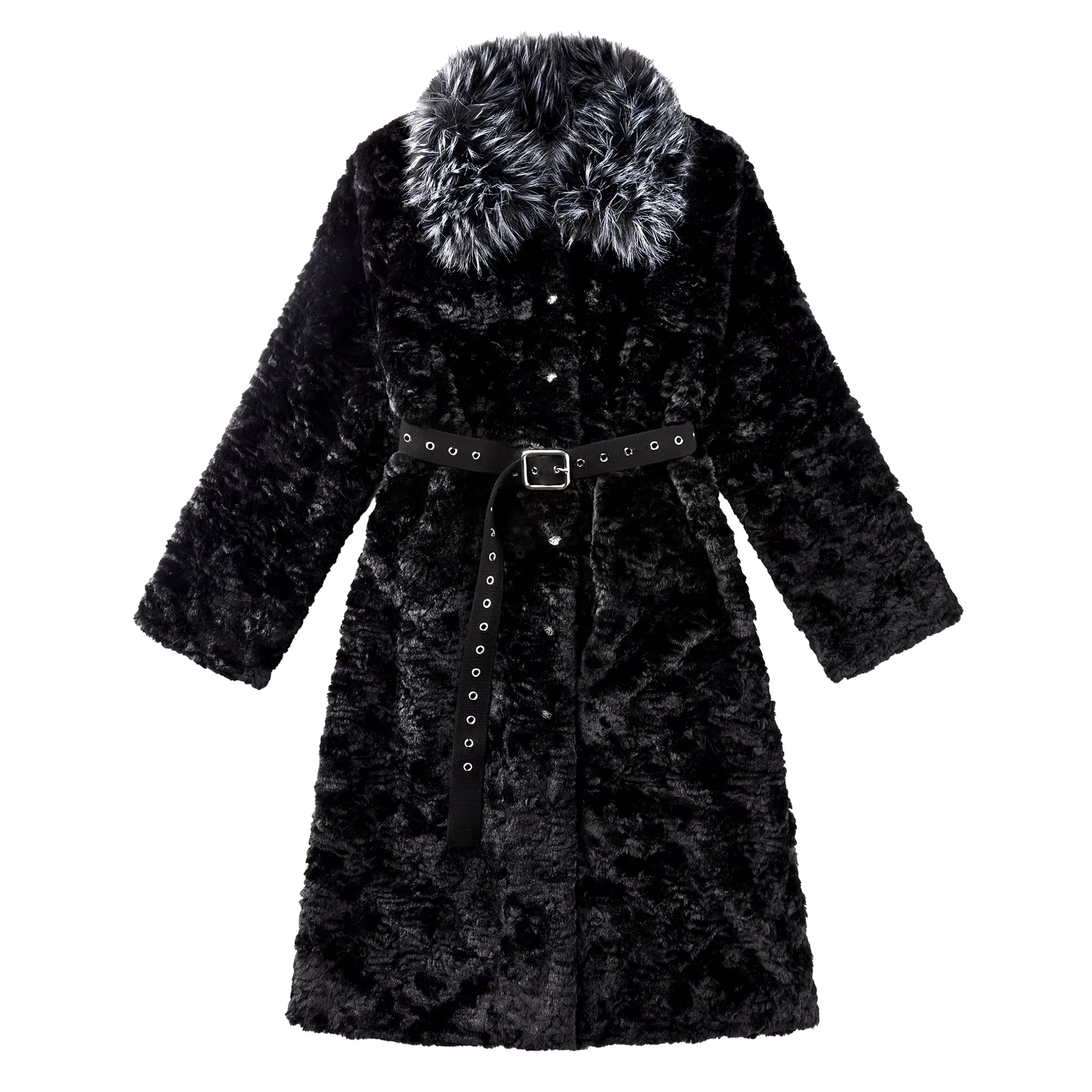 CFIERCE Faux Fur Patchwork Belted Coat