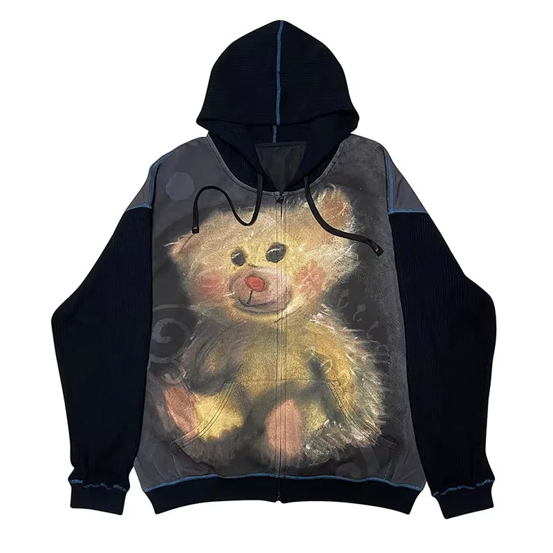 CFIERCE Teddy Bear Graphic Zip-Up Hoodie