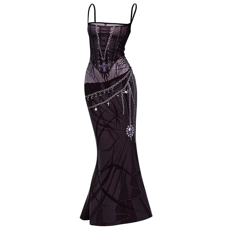 CFIERCE Gothic Spaghetti Strap Mermaid Dress