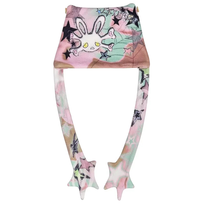 CFIERCE Skull Bunny Tie-Dye Knit Beanie with Ear Flaps