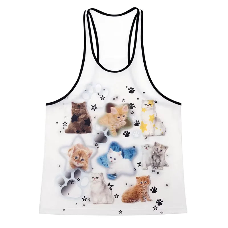 CFIERCE Men's Cat Print Sleeveless Tank Top