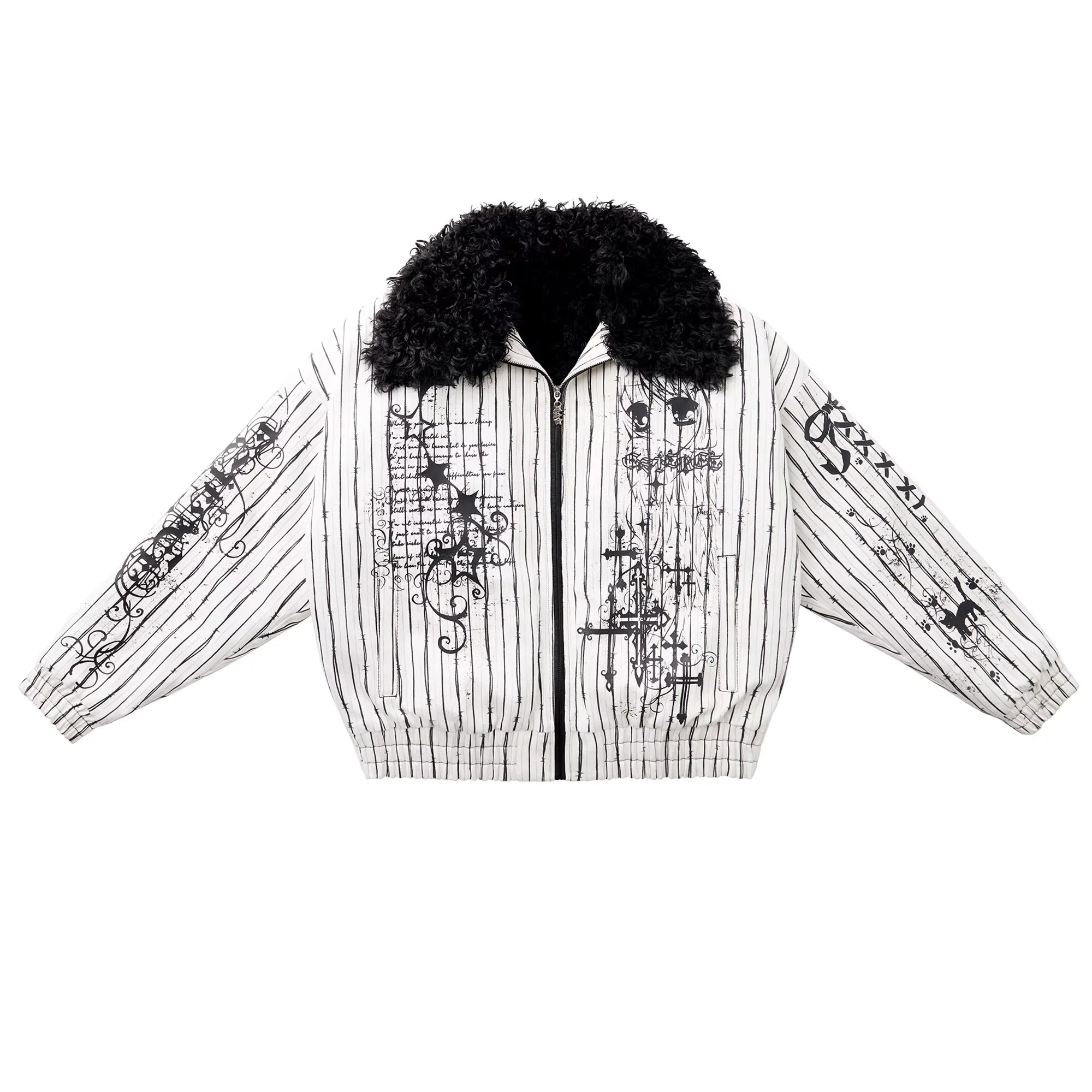 CFIERCE Striped Gothic Angel Print Jacket with Detachable Fur Collar