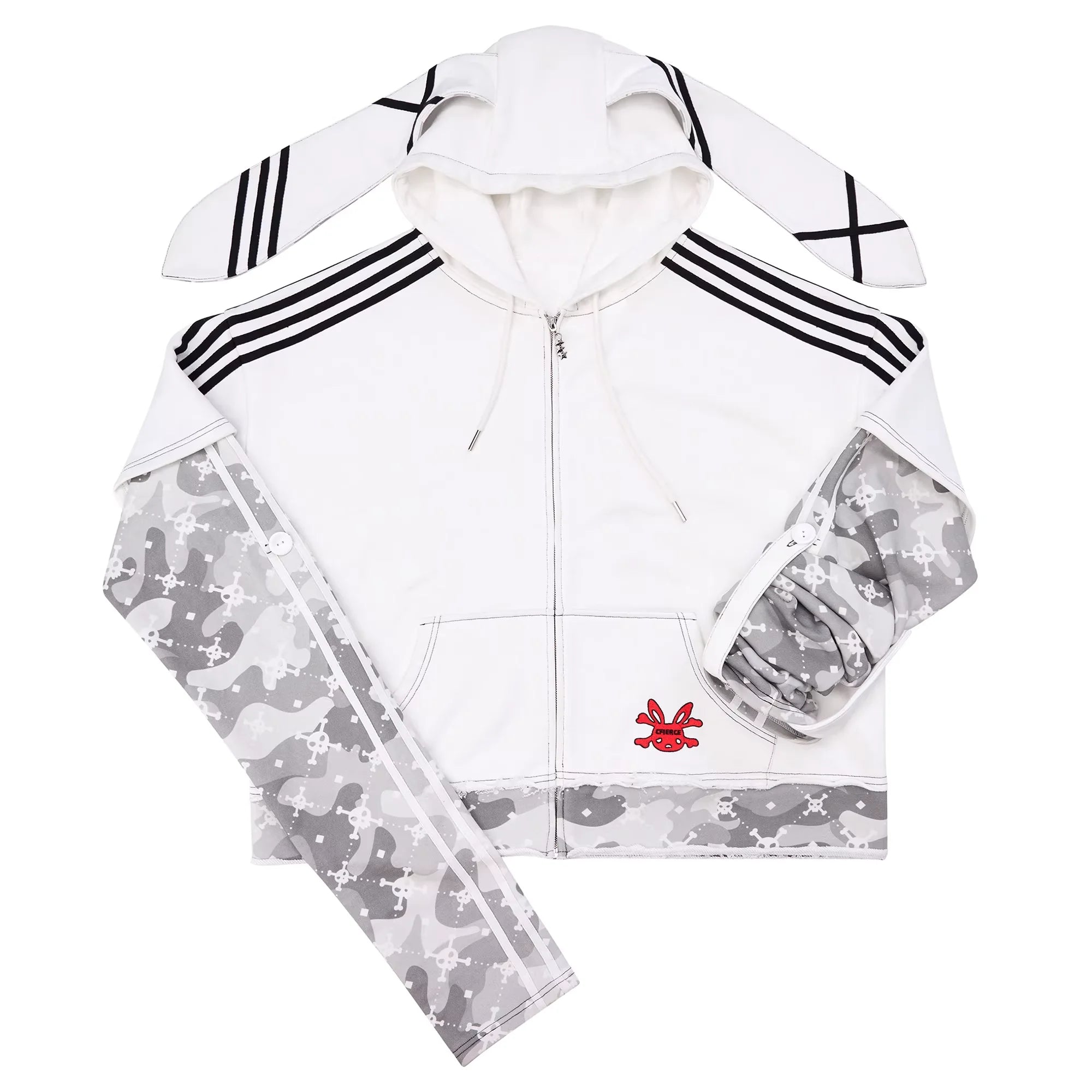 CFIERCE Layered Skull Print Hoodie with Bunny Ear Hood