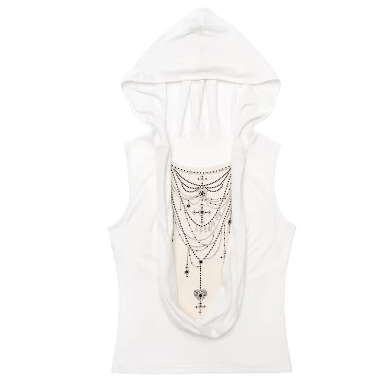 CFIERCE Draped Cowl Neck Vest with Rhinestone Chain