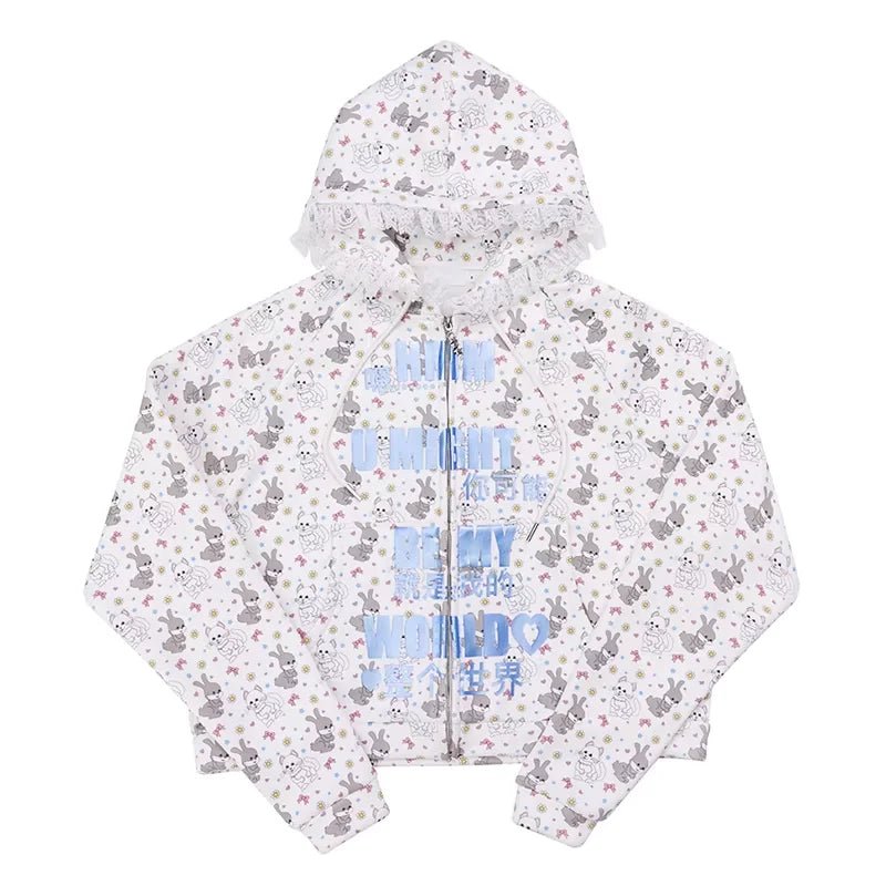 CFIERCE Cat and Bunny Print Lace Trim Hoodie