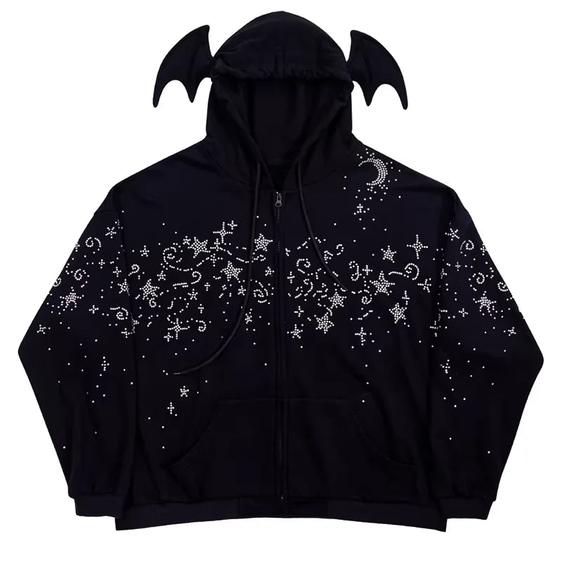 CFIERCE Starry Night Rhinestone Hoodie with Bat Ears