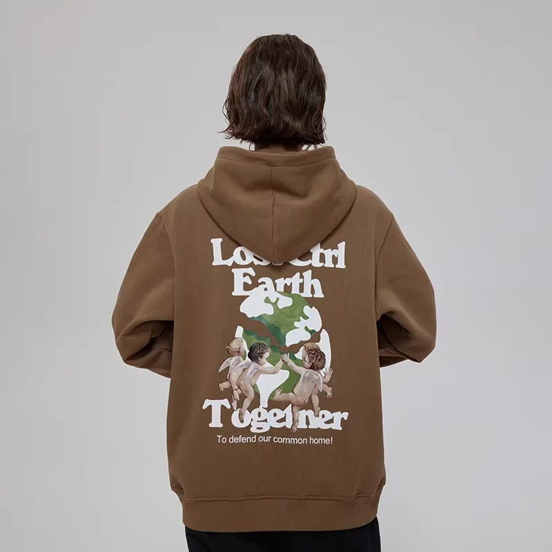 LOSTCTRL Oversized Fleece-Lined Hoodie with Angel Print – Unisex Autumn Winter Outerwear