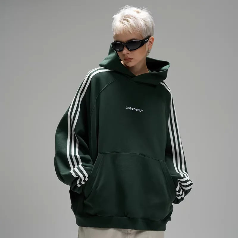 LOSTCTRL Retro Three-Stripe Oversized Hoodie for Men and Women
