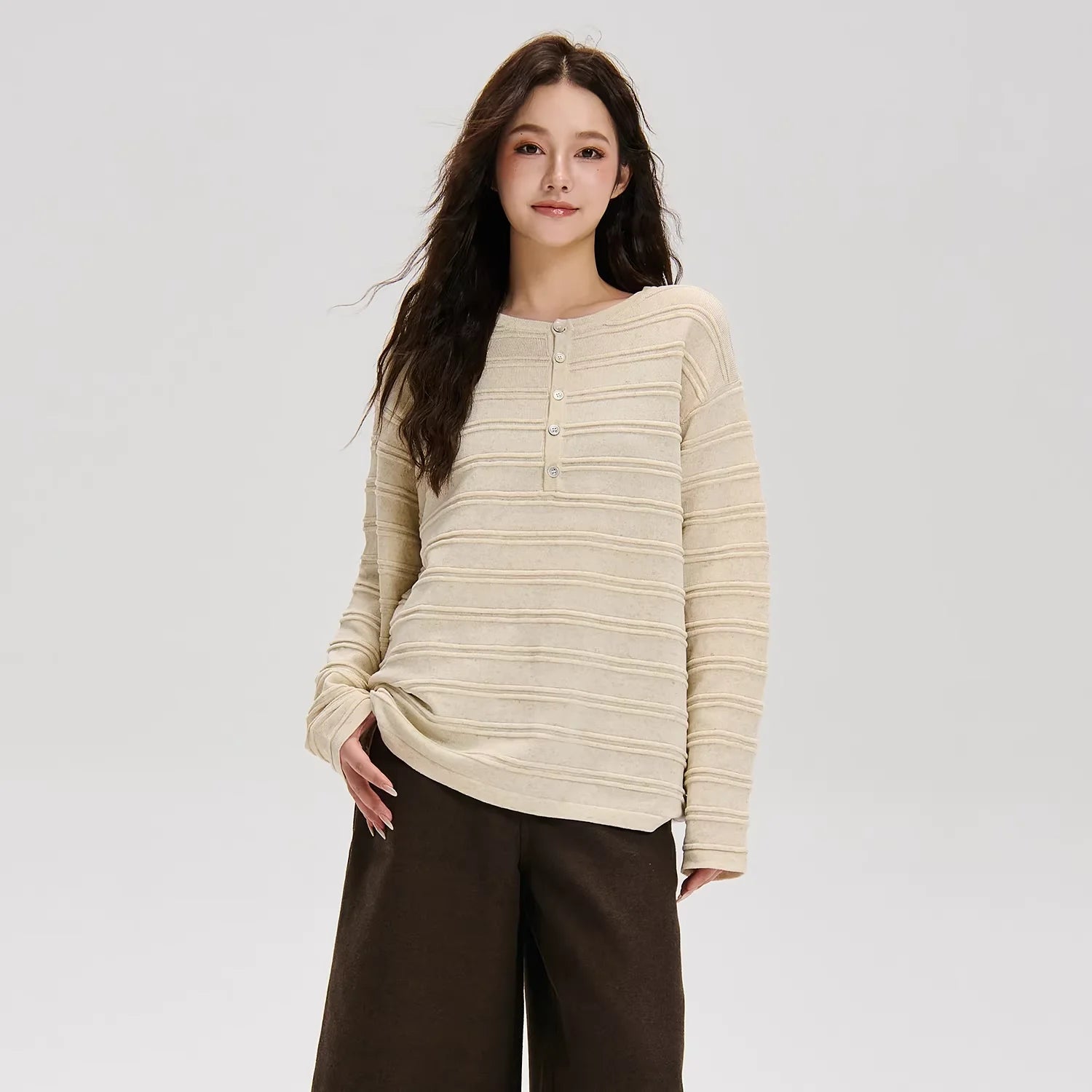 LOSTCTRL Retro Striped Henley Long Sleeve Shirt