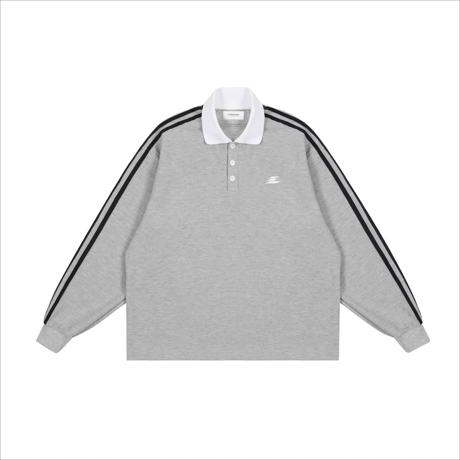 LOSTCTRL Unisex Waffle Knit Polo Sweatshirt with Striped Sleeves