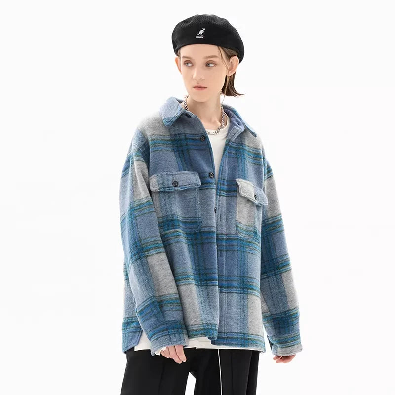 LOSTCTRL Plaid Woolen Overshirt with Suede Finish - Unisex Winter Retro Style