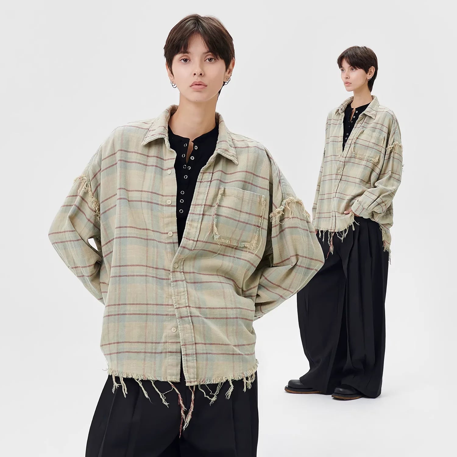 LOSTCTRL Vintage Washed Plaid Raw Hem Shirt