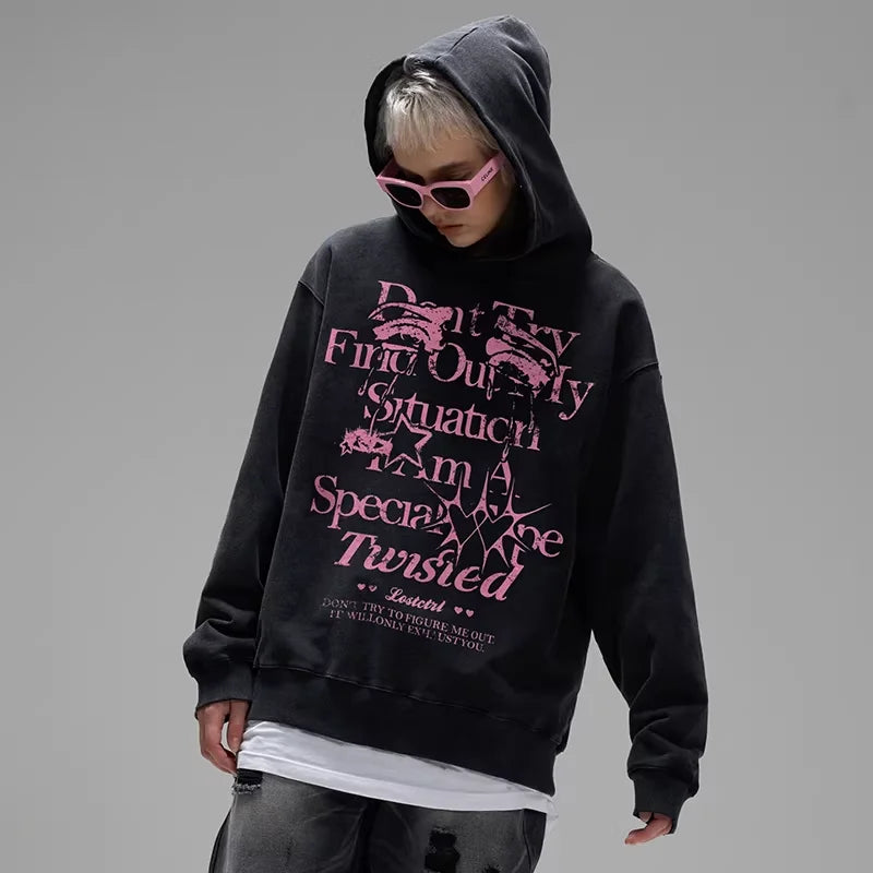 LOSTCTRL Dirty Pink Fleece-Lined Oversized Hoodie with Graphic Print