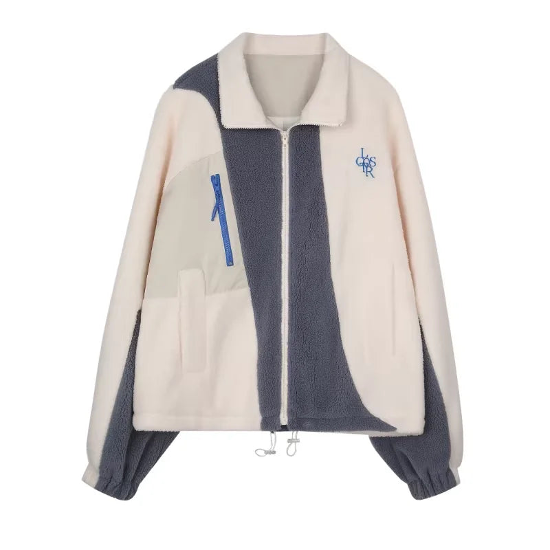 LOSTCTRL Unisex Colorblock Fleece Jacket with High Collar and Chest Pocket