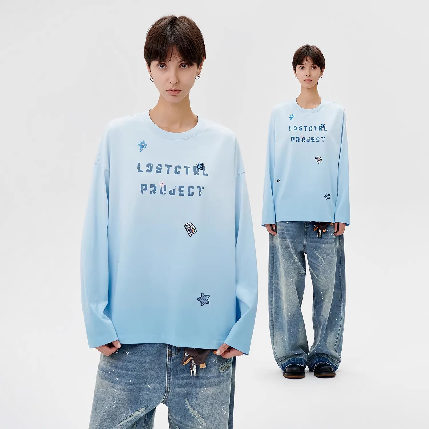 LOSTCTRL Unisex Gradient Graphic Print Oversized Knit Long Sleeve Top