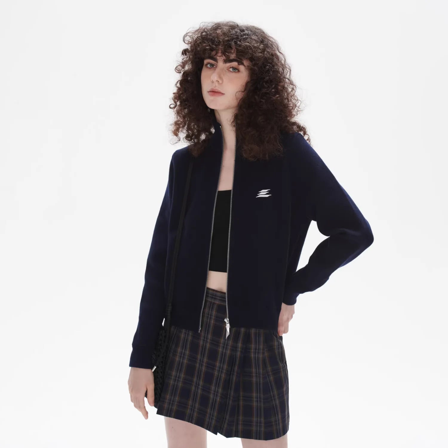 LOSTCTRL Unisex High Collar Double Zipper Knit Cardigan with Embroidered Logo