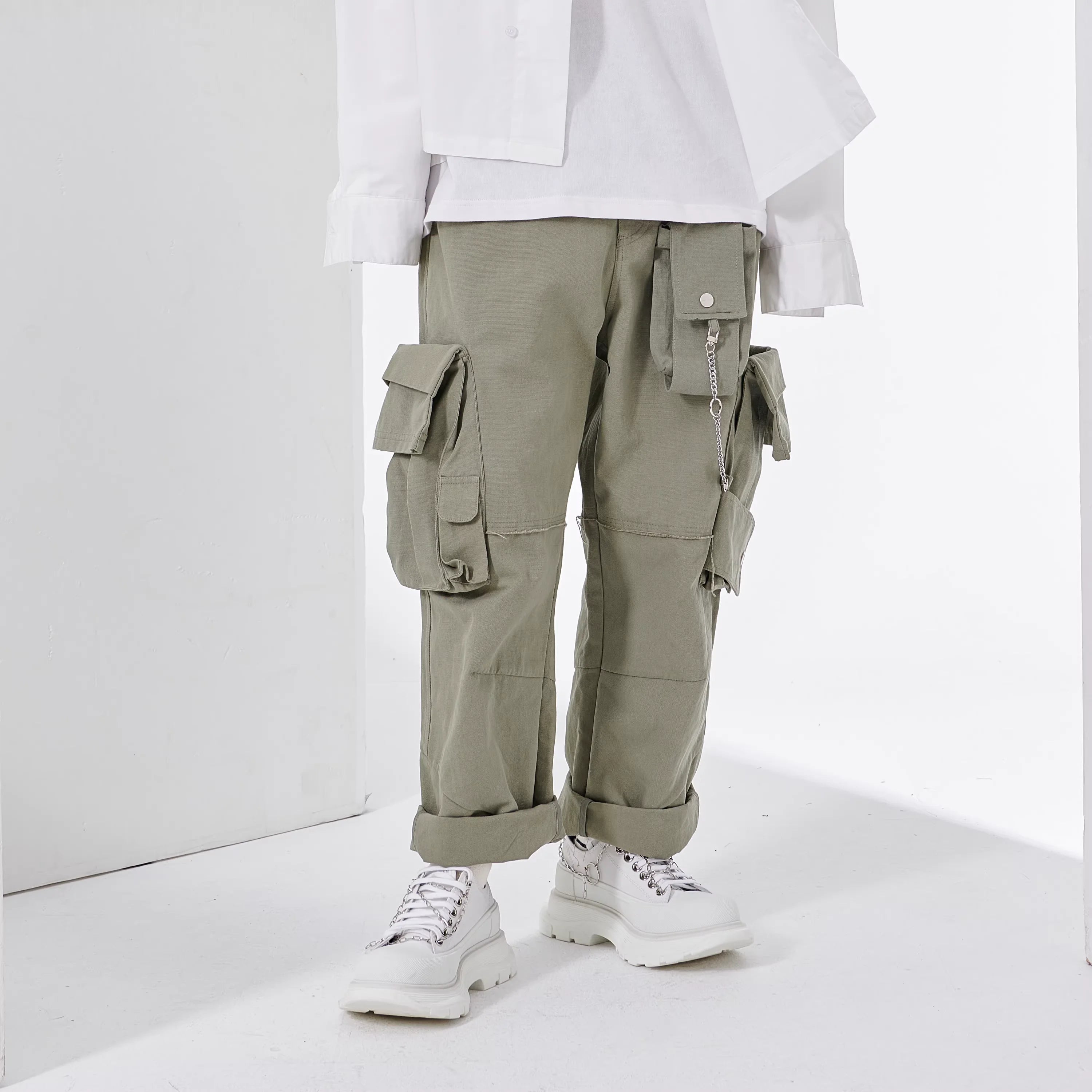LOSTCTRL Unisex Distressed Cargo Pants with Multiple Pockets and Raw Hem