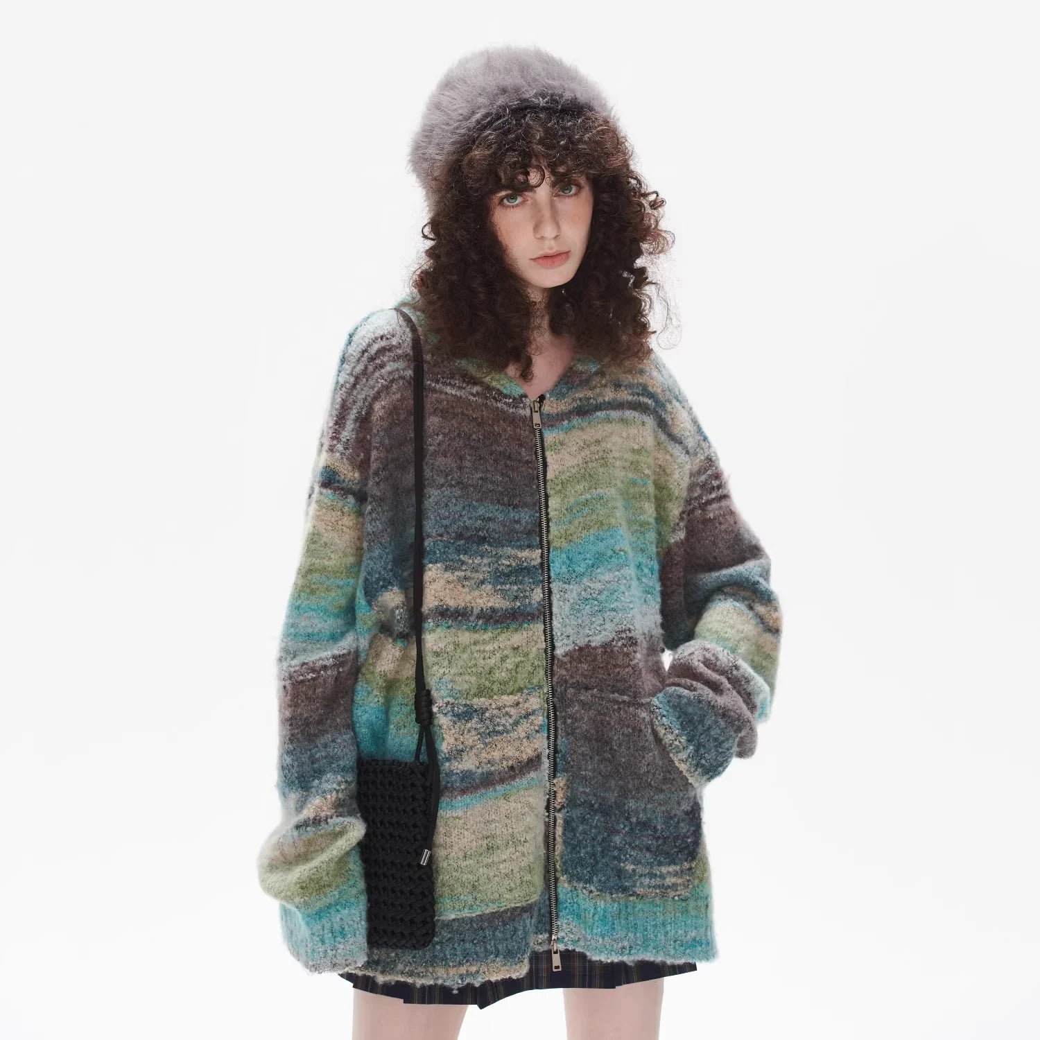 LOSTCTRL Colorblock Knit Hooded Cardigan - Unisex Loose Fit Autumn Sweater