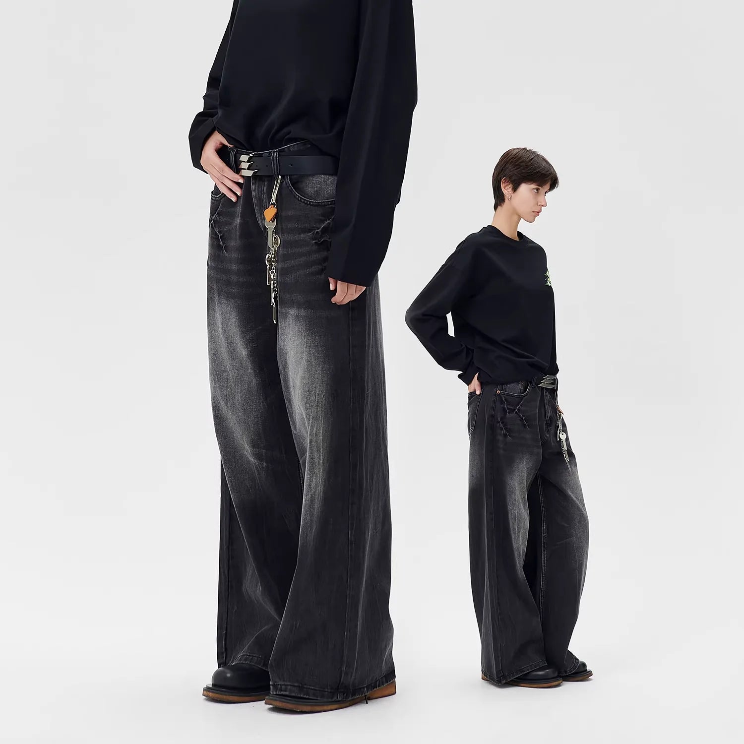 LOSTCTRL Women's Black Washed Wide-Leg Denim Jeans