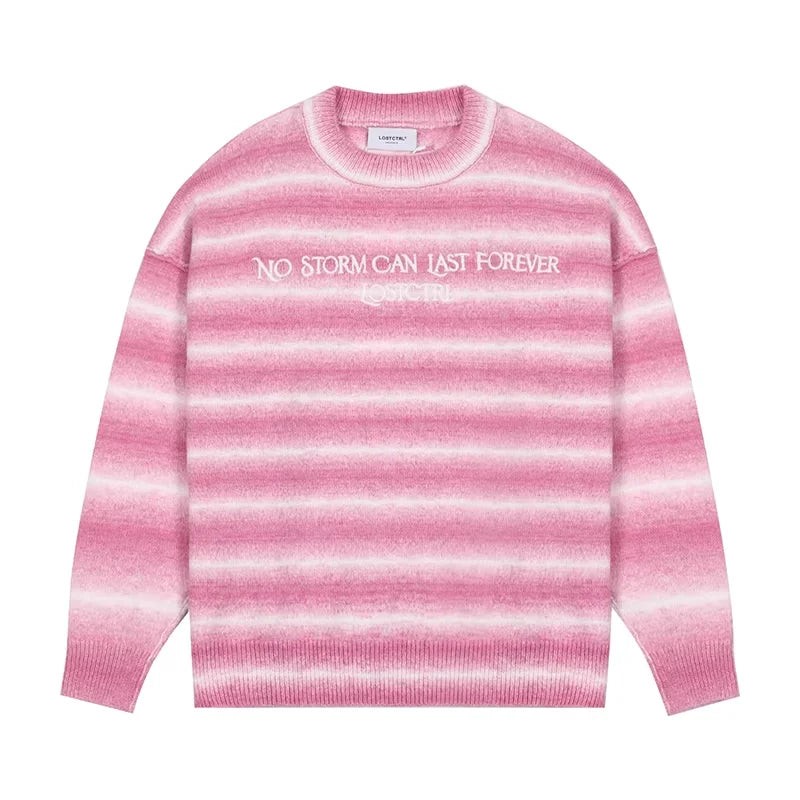 LOSTCTRL Unisex Striped Crew Neck Fringed Sweater