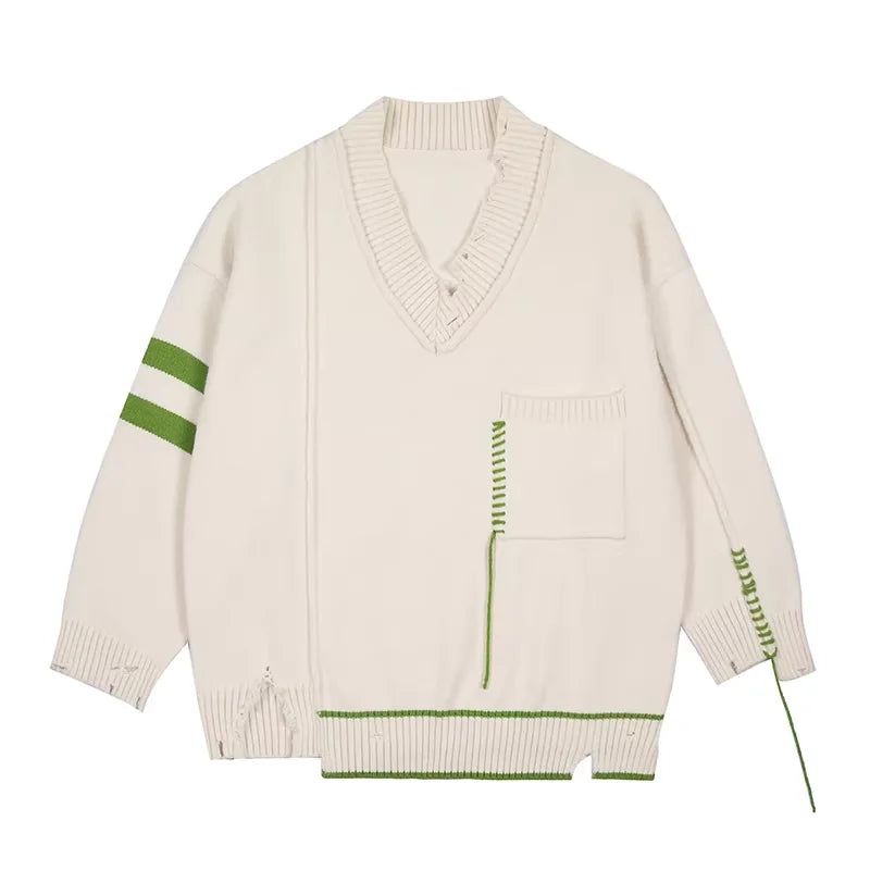 LOSTCTRL Unisex Distressed Double-Stripe V-Neck Knit Sweater