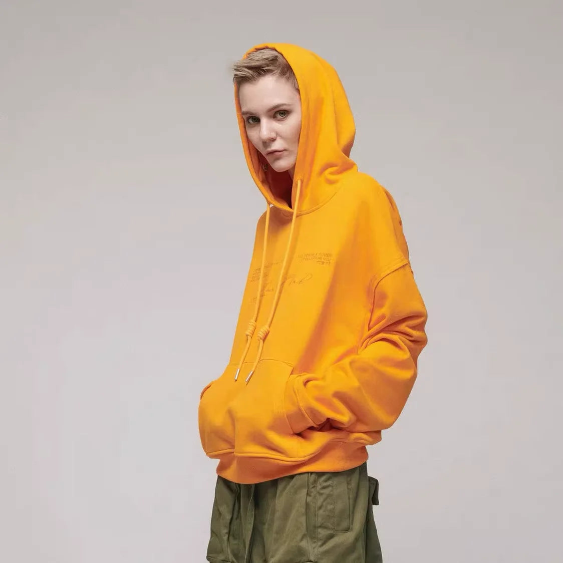 LOSTCTRL Two-Tone Embroidered Raw Edge Hooded Sweatshirt - Unisex Loose Fit