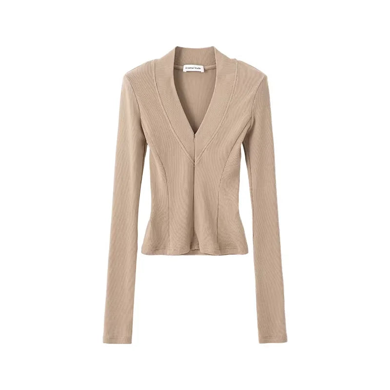 ACSENSE STUDIO Deep V-Neck Stretch Velvet Slim Fit Long Sleeve Top