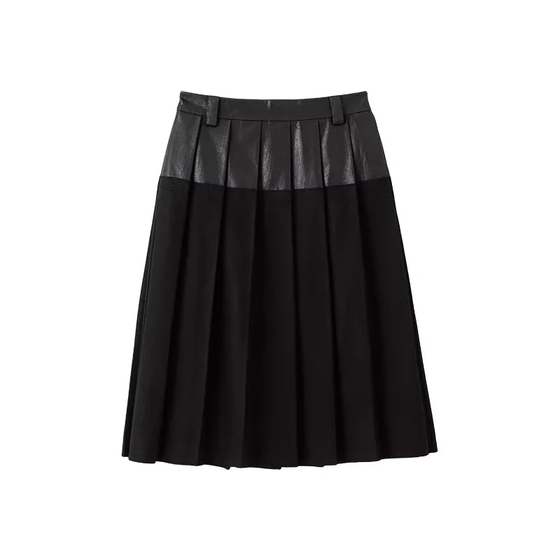 ACSENSE STUDIO Wool and Leather Patchwork Midi Skirt