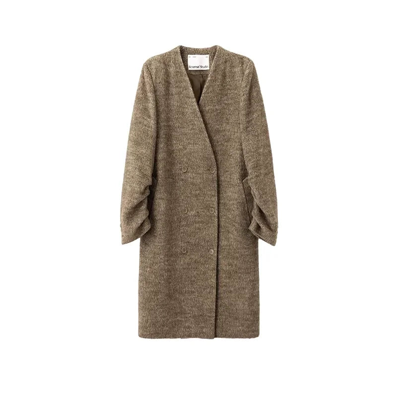 ACSENSE STUDIO Tobacco Wool Collarless Coat with Pleated Sleeves