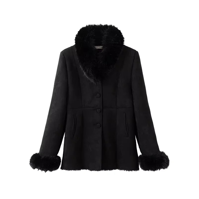 ACSENSE STUDIO Vintage Black Suede Jacket with Faux Fur Trim and Detachable Collar