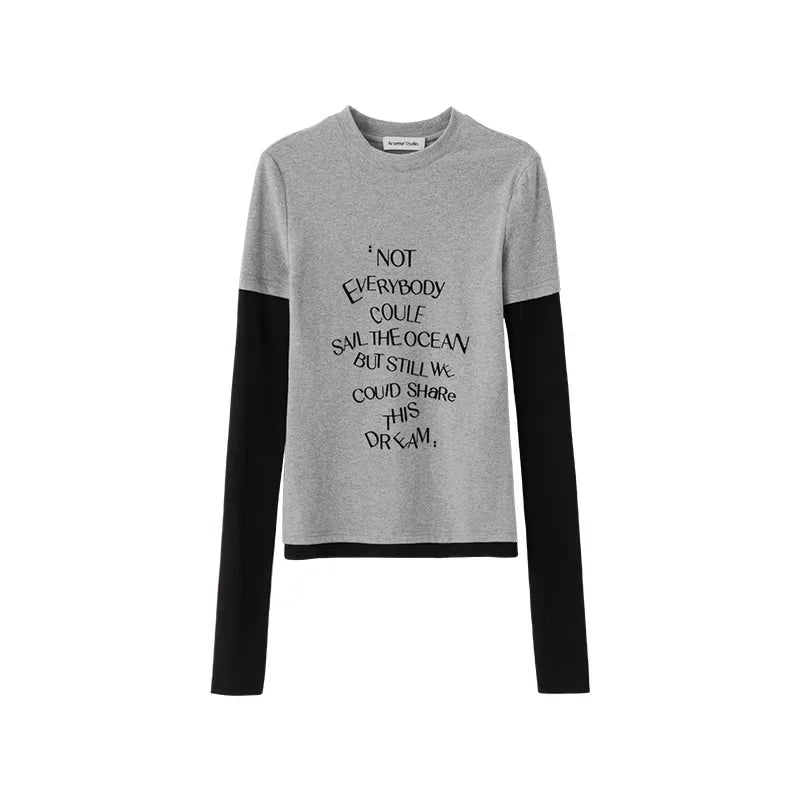 ACSENSE STUDIO Layered Faux Two-Piece Long Sleeve Slogan T-Shirt