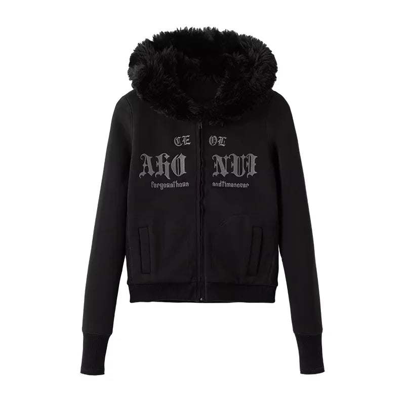 ACSENSE STUDIO Retro Sanskrit Embroidered Fleece Zip Hoodie