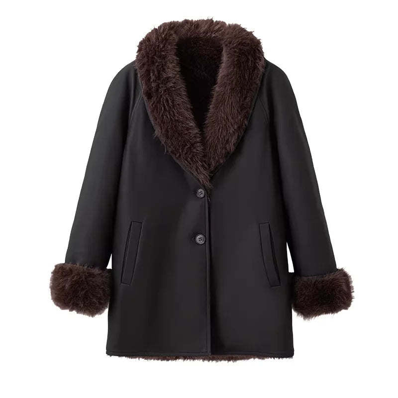 ACSENSE STUDIO Reversible Faux Fur Cuffed PU Leather Coat